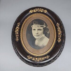 Vintage Flapper 1920s Lady Oval Brown Wood Framed Cameo Portrait 14x12 Gold Leaf